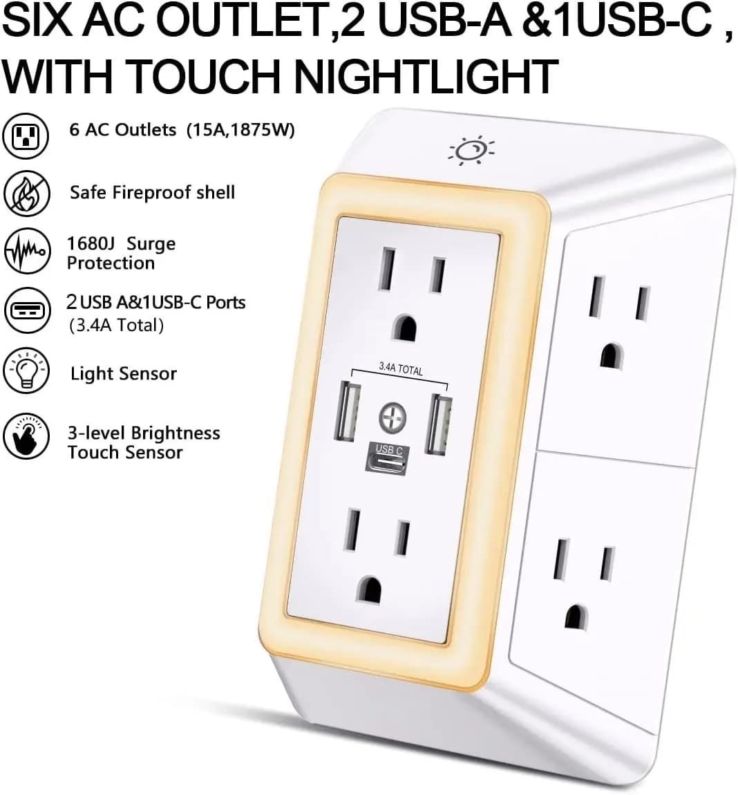 Six Prong Outlet Power Adapter Surge Protector With 4K UHD Wifi Camera