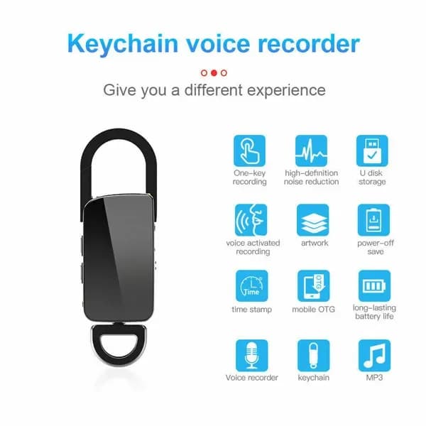 30 Day Voice Activated Backpack Metal Key Chain MP3 Recorder