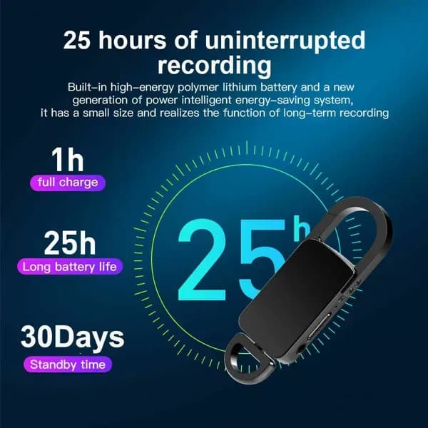 30 Day Voice Activated Backpack Metal Key Chain MP3 Recorder