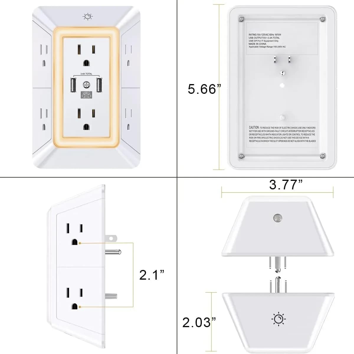 Six Prong Outlet Power Adapter Surge Protector With 4K UHD Wifi Camera
